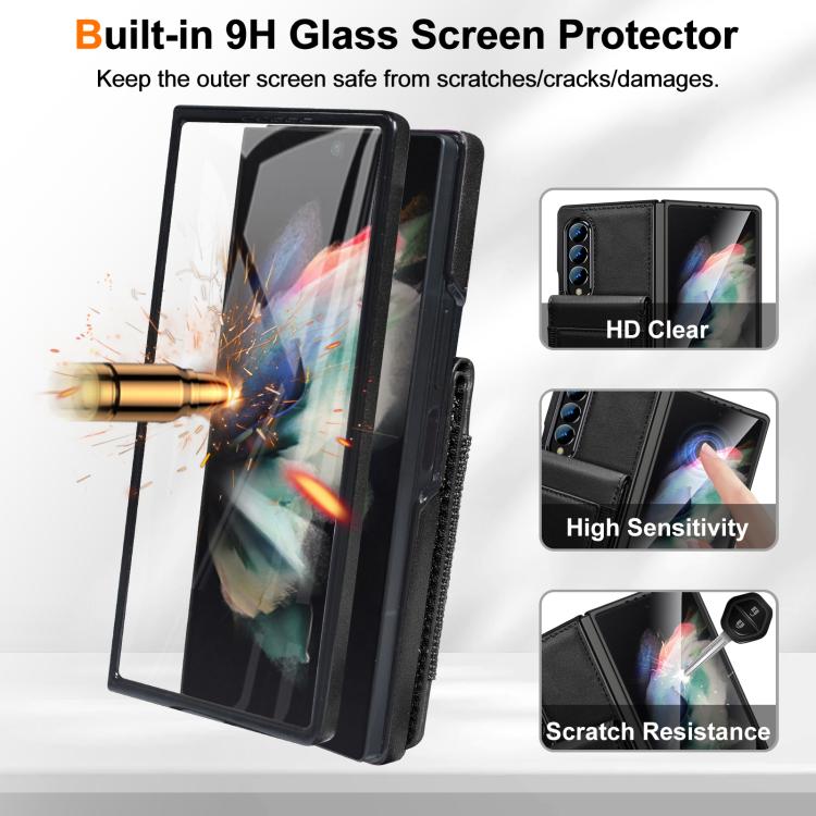 Funda de cuero con película templada integrada para Samsung Galaxy Z Fold3 (negro)