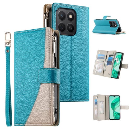 Funda de cuero con cremallera y múltiples tarjetas para Honor X8c 4G, con costuras y correa corta (azul)