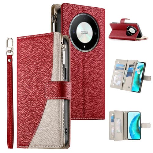 Funda de cuero con cremallera y múltiples tarjetas para Honor X50/Honor X9b, con costuras y correa corta (roja)