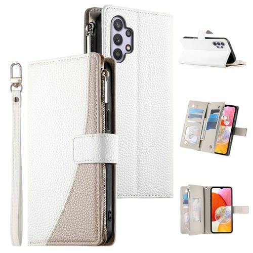 Funda de cuero tipo billetera con cremallera y múltiples tarjetas para Samsung Galaxy A32 5G con costuras y correa corta (blanca)