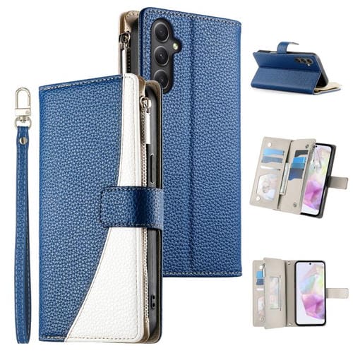 Funda de cuero tipo billetera con cremallera y múltiples tarjetas para Samsung Galaxy A35 5G, con costuras y correa corta (azul oscuro)