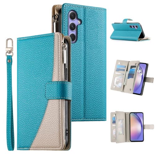 Funda de cuero tipo billetera con cremallera y múltiples tarjetas para Samsung Galaxy A54 5G, con costuras y correa corta (azul)