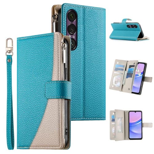 Funda de cuero con cremallera para Sony Xperia 1 VII, con costuras, múltiples tarjetas y correa corta (azul)