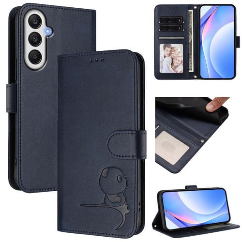 Funda de cuero RFID con estampado de panda y cordón para Samsung Galaxy A05s 4G / F14 4G (azul)