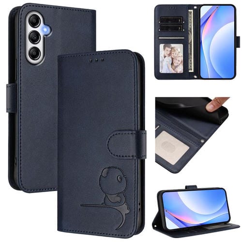 Funda de cuero RFID con estampado de panda y cordón para Samsung Galaxy A25 5G (azul)