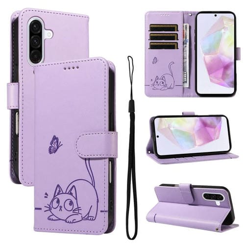 Funda de cuero con tapa y estampado de gato adorable para Samsung Galaxy A36 5G / M56 5G (morado)