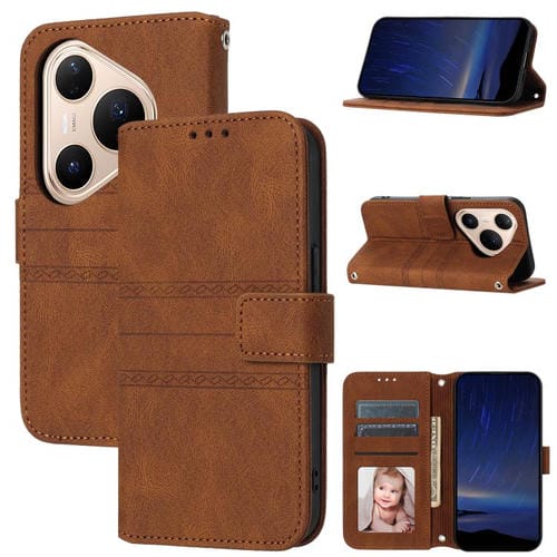 Funda de cuero con textura de rayas en relieve para Huawei Pura 80 Pro 5G / 80 Pro+ 5G (marrón)