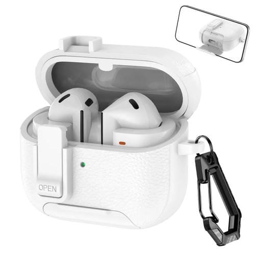 Funda de cuero con textura para auriculares inalámbricos Samsung Galaxy Buds 3/Buds 3 Pro, con gancho y soporte (blanca)