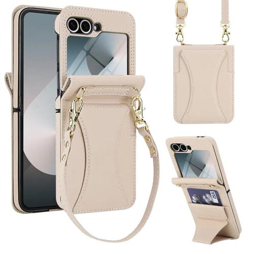 Funda para Samsung Galaxy Z Flip5 con ranura para tarjetas y soporte plegable integrado, con cordón largo y corto (blanco)