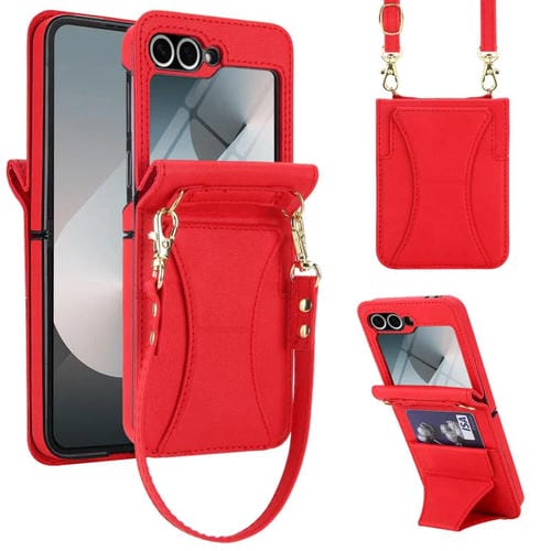 Funda para Samsung Galaxy Z Flip6 con ranura para tarjetas y soporte plegable integrado, con cordón largo y corto (rojo)