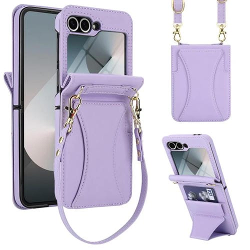 Funda para Samsung Galaxy Z Flip6 con ranura para tarjetas y soporte plegable integrado, con cordón largo y corto (morado)