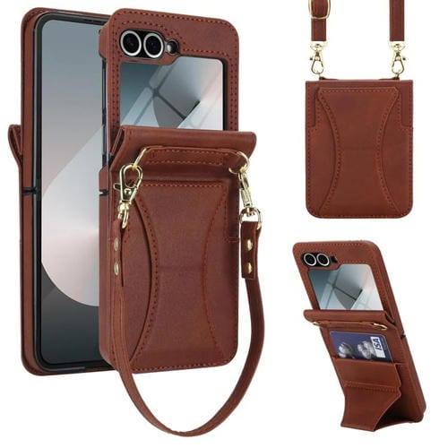 Funda para Samsung Galaxy Z Flip6 con ranura para tarjetas y soporte plegable integrado, con cordón largo y corto (marrón)