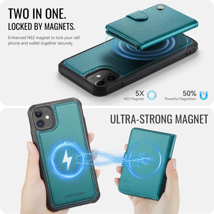 Funda de cuero con hebilla magnética para iPhone 11 JEEHOOD J09, con ranuras para tarjetas, MagSafe, RFID (verde)