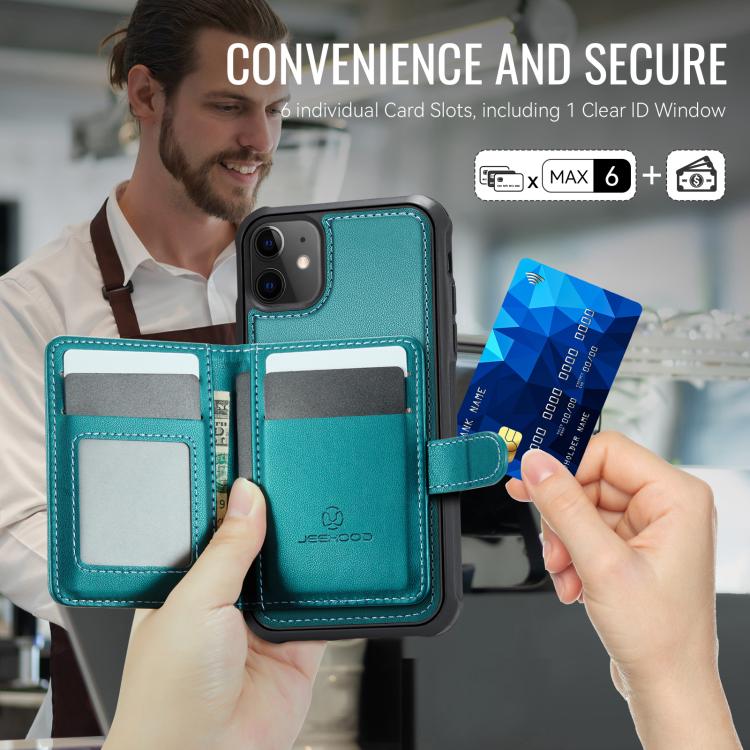 Funda de cuero con hebilla magnética para iPhone 11 JEEHOOD J09, con ranuras para tarjetas, MagSafe, RFID (verde)
