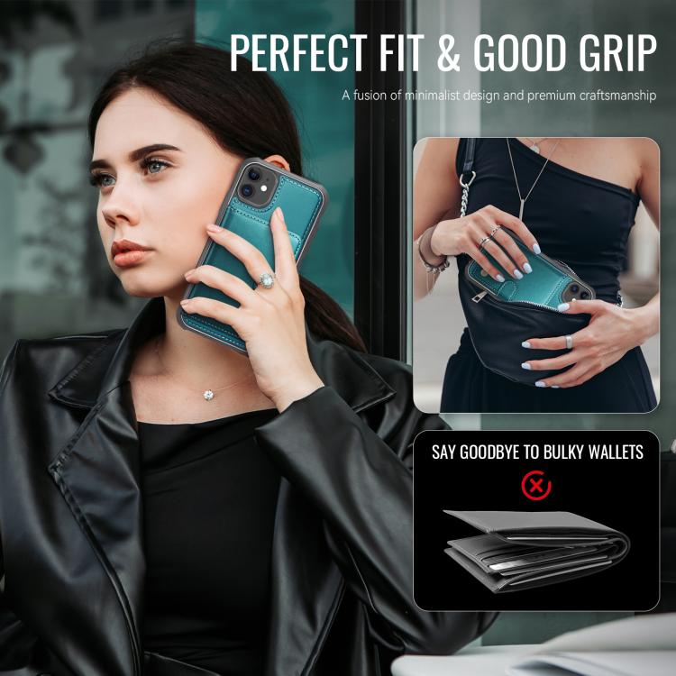 Funda de cuero con hebilla magnética para iPhone 11 JEEHOOD J09, con ranuras para tarjetas, MagSafe, RFID (verde)