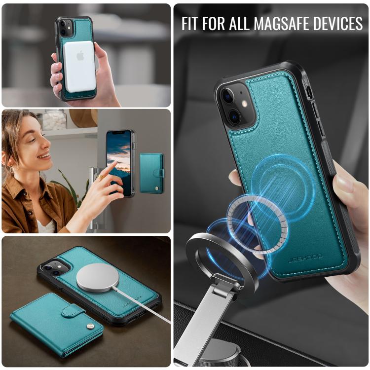 Funda de cuero con hebilla magnética para iPhone 11 JEEHOOD J09, con ranuras para tarjetas, MagSafe, RFID (verde)