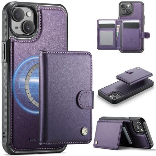 Funda de cuero con hebilla magnética para iPhone 15 JEEHOOD J09, estilo RFID, con tarjetero MagSafe (morado)