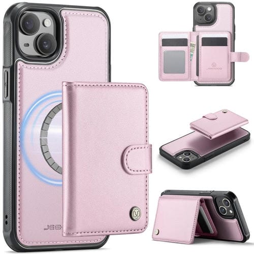 Funda de cuero con hebilla magnética para iPhone 15 JEEHOOD J09, estilo RFID, MagSafe (rosa)