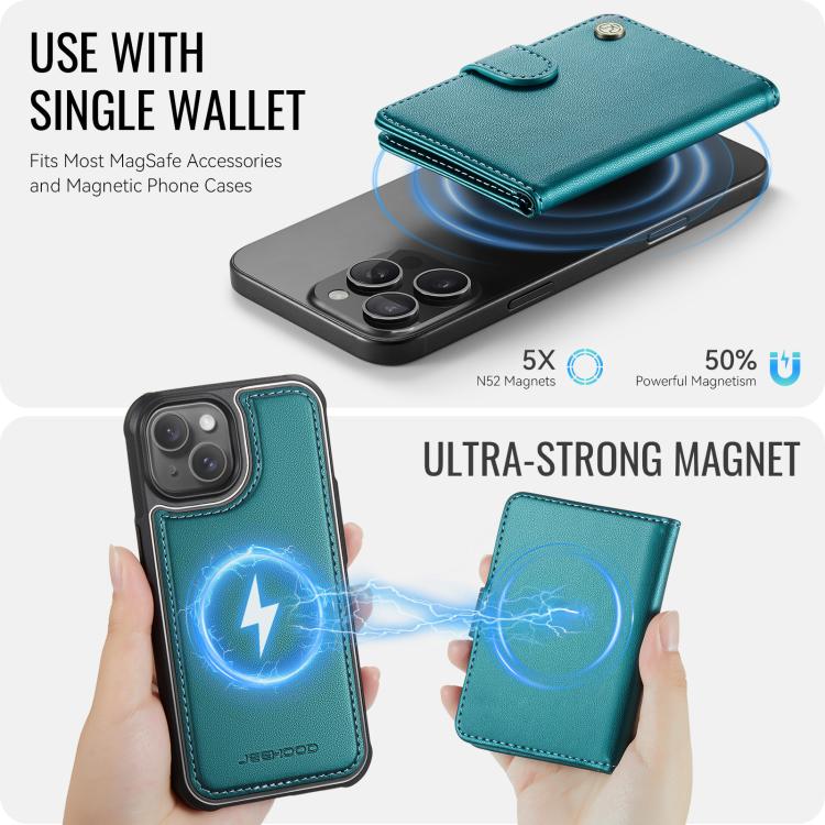 Funda de cuero con hebilla magnética para iPhone 15 JEEHOOD J09, con ranuras para tarjetas, MagSafe, estilo RFID (verde)
