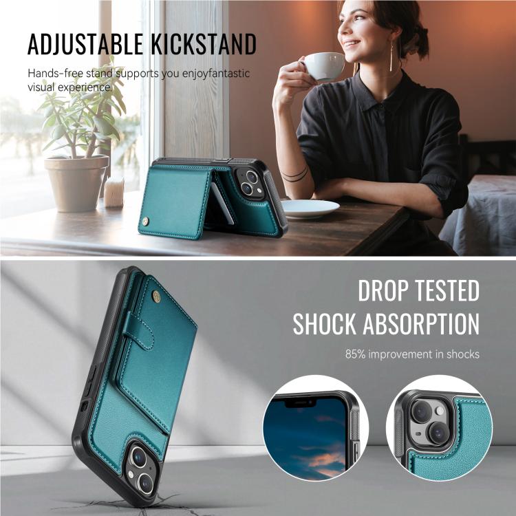 Funda de cuero con hebilla magnética para iPhone 15 JEEHOOD J09, con ranuras para tarjetas, MagSafe, estilo RFID (verde)