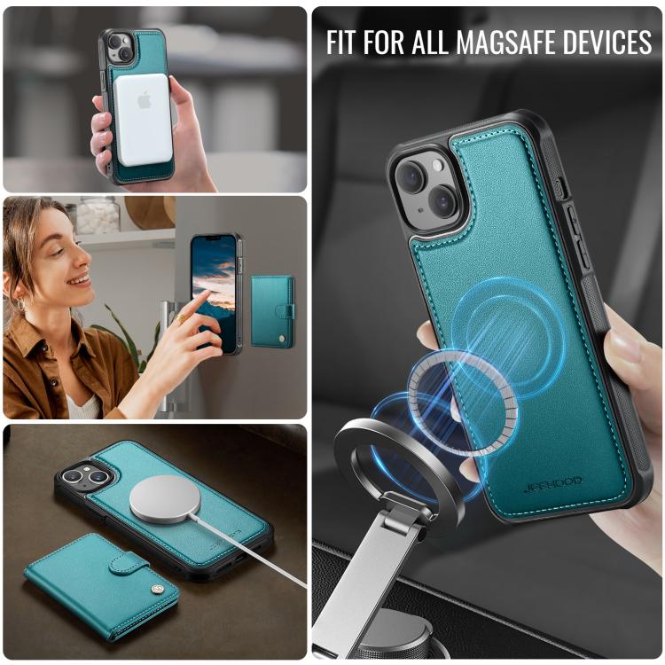 Funda de cuero con hebilla magnética para iPhone 15 JEEHOOD J09, con ranuras para tarjetas, MagSafe, estilo RFID (verde)