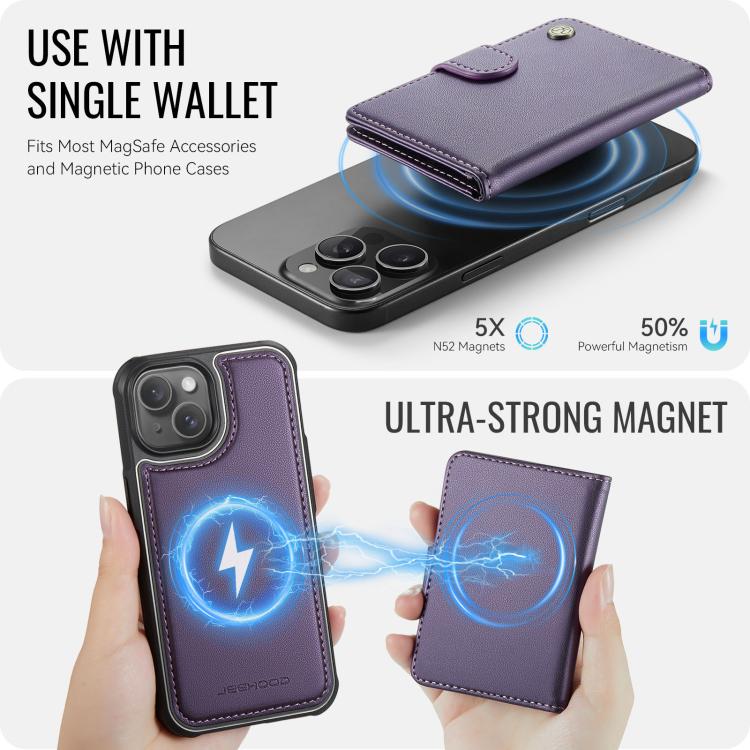 Funda de cuero con hebilla magnética para iPhone 14 JEEHOOD J09, estilo RFID, con tarjetero MagSafe (morado)