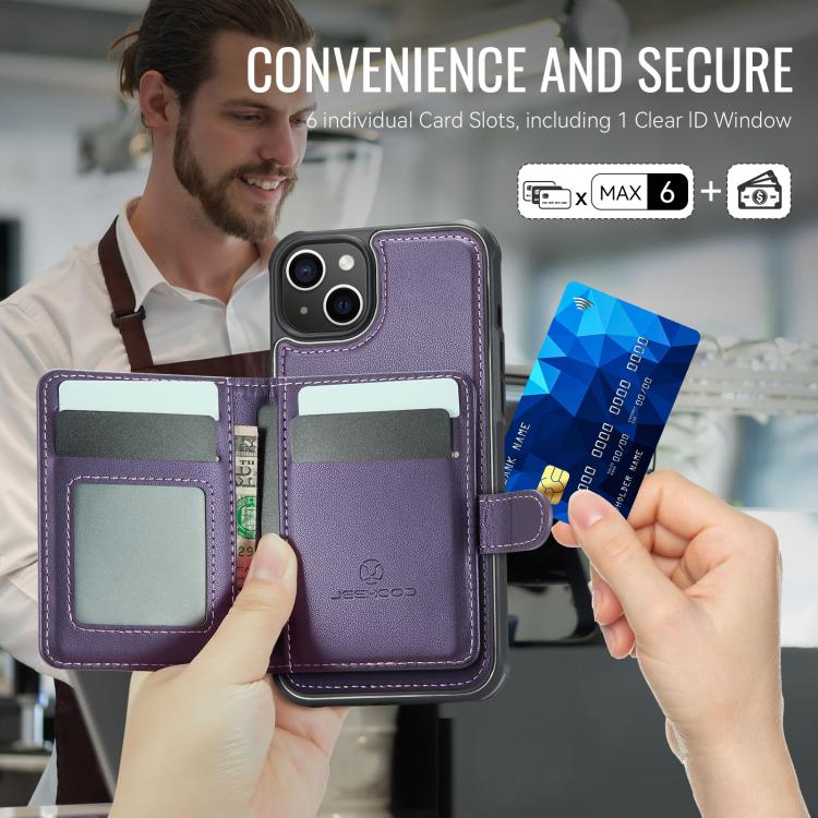 Funda de cuero con hebilla magnética para iPhone 14 JEEHOOD J09, estilo RFID, con tarjetero MagSafe (morado)