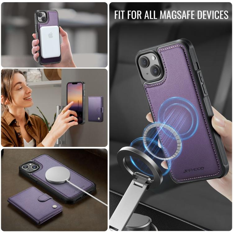 Funda de cuero con hebilla magnética para iPhone 14 JEEHOOD J09, estilo RFID, con tarjetero MagSafe (morado)