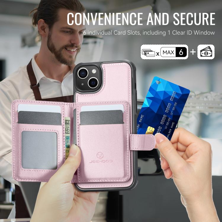 Funda de cuero con hebilla magnética para iPhone 14 JEEHOOD J09, estilo RFID, MagSafe (rosa)