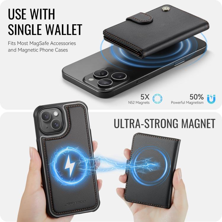 Funda de cuero con hebilla magnética para iPhone 14 JEEHOOD J09, con ranuras para tarjetas, estilo RFID y MagSafe (negro)