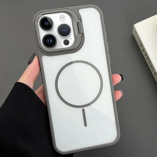 Funda magnética MagSafe para iPhone 15 Pro Max con soporte para lente de PC (gris)