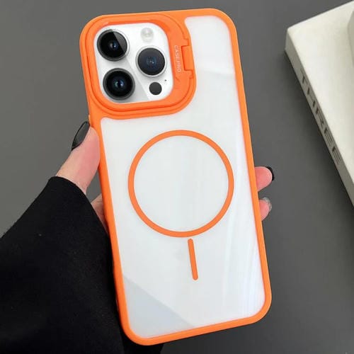 Funda magnética MagSafe para iPhone 14 Pro con soporte para lente de PC (naranja)