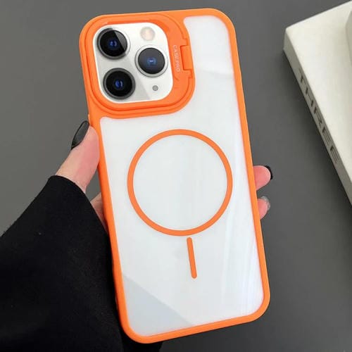 Funda magnética MagSafe para iPhone 11 Pro Max con soporte para lente de PC (naranja)