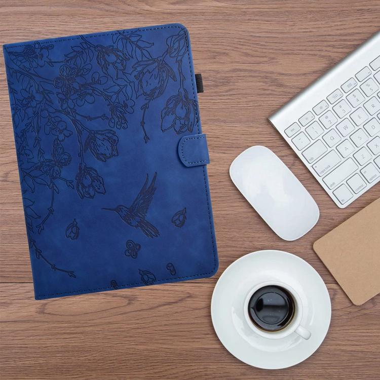 Funda de cuero inteligente con estampado de flores y pájaros para Xiaomi Redmi Pad 2 (azul oscuro)