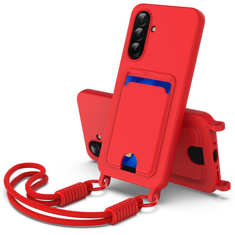 Funda de silicona líquida de color sólido para Samsung Galaxy A36 5G / A56 5G (Gen2) con tarjetero integrado y cordón corto (rojo)