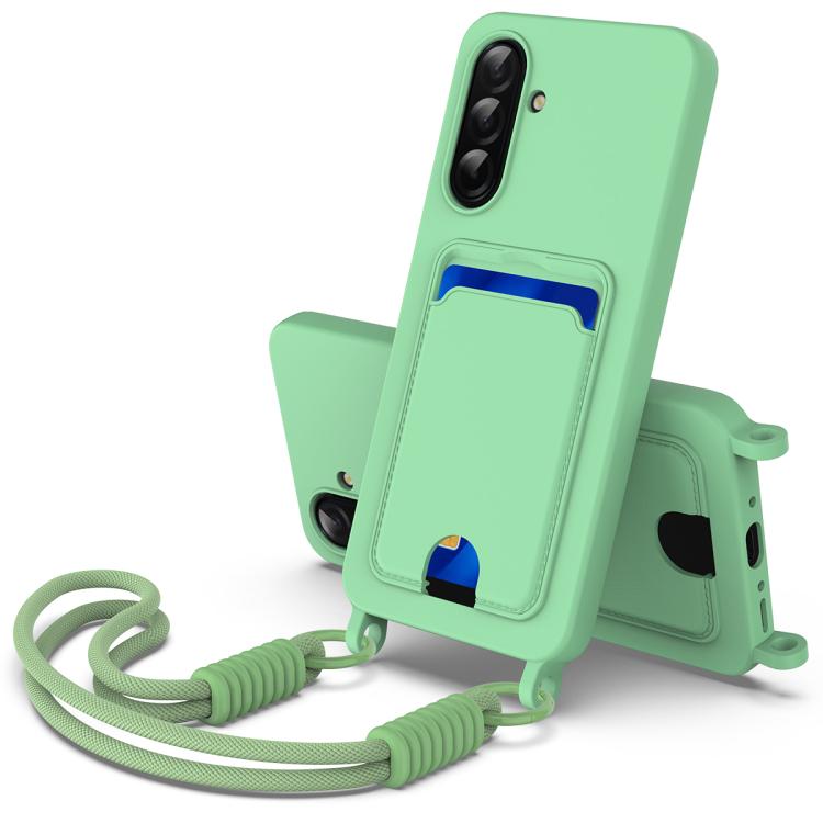 Funda de silicona líquida de color sólido para Samsung Galaxy A36 5G / A56 5G (Gen2) con tarjetero integrado y cordón corto (verde)