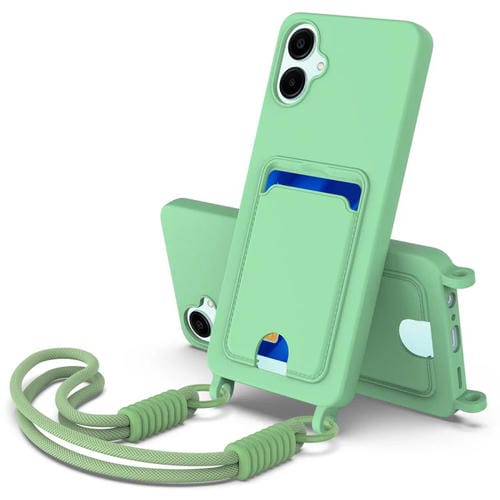 Funda de silicona líquida de color sólido para Samsung Galaxy A06 5G con tarjetero integrado (Gen2) y cordón corto (verde)
