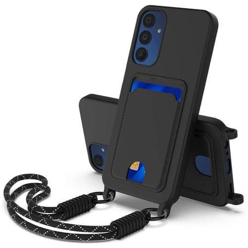 Funda de silicona líquida de color sólido para Samsung Galaxy A15 4G/5G (Gen2) con tarjetero integrado y cordón corto (negro)
