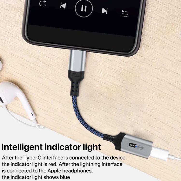 Adaptador de audio para auriculares MH-306 USB-C/Tipo C a 8 pines con luz indicadora (negro)