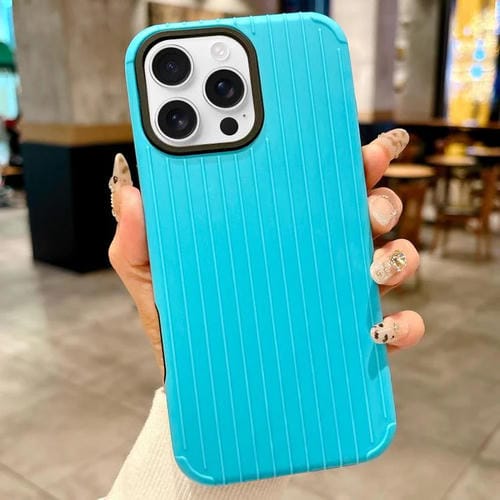 Funda MagSafe de cobertura total para iPhone 16 Pro Max con diseño inspirado en equipaje (azul claro)