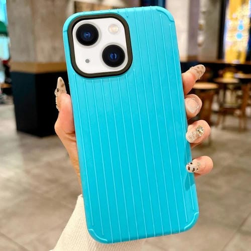 Funda MagSafe de cobertura total para iPhone 13 con diseño inspirado en equipaje (azul claro)