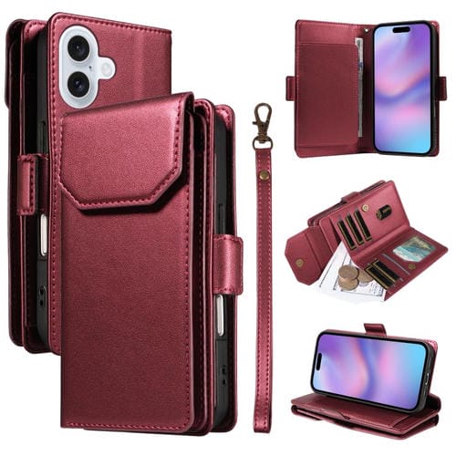 Funda de cuero con múltiples tarjetas y correa para iPhone 17 (roja)