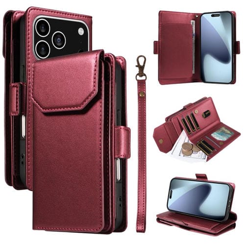Funda de cuero con múltiples tarjetas y correa para iPhone 17 Pro (roja)