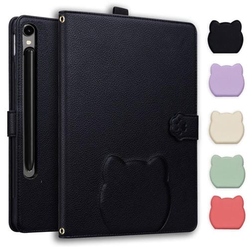Funda de piel de lichi con tacto de gato para Samsung Galaxy Tab S10/S9/S9 FE (negra)