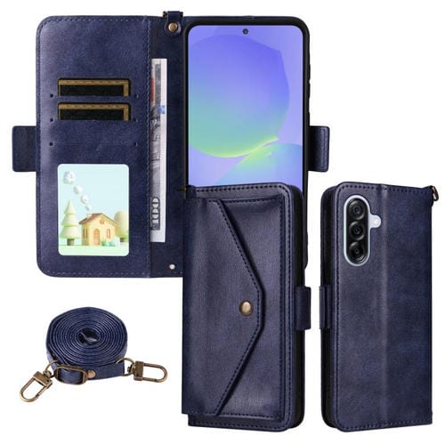 Funda de piel de vacuno cruzada con ranuras para múltiples tarjetas para Samsung Galaxy A36 5G (azul)