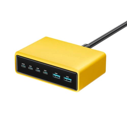 Cargador rápido de escritorio multifunción GaN de 6 puertos, 200 W, 4 USB-C/Tipo C y 2 USB-A, enchufe estadounidense (amarillo)