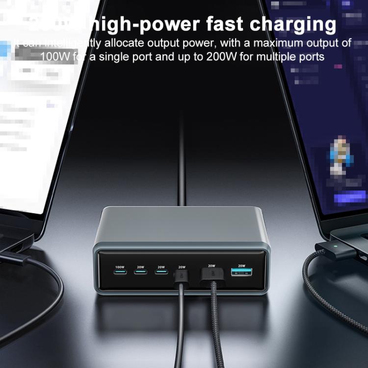 Cargador rápido de escritorio multifunción GaN de 6 puertos, 200 W, 4 USB-C/Tipo C y 2 USB-A, enchufe australiano (gris plateado)