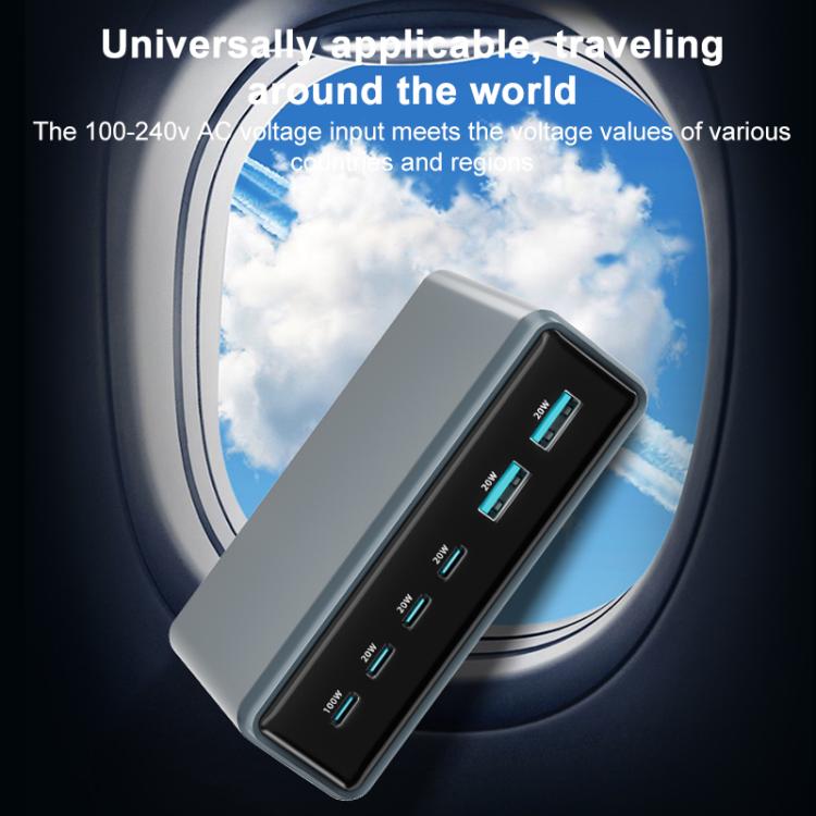 Cargador rápido de escritorio multifunción GaN de 200 W, 4 puertos USB-C/Tipo-C y 2 puertos USB-A. Enchufe: Reino Unido (gris plateado).