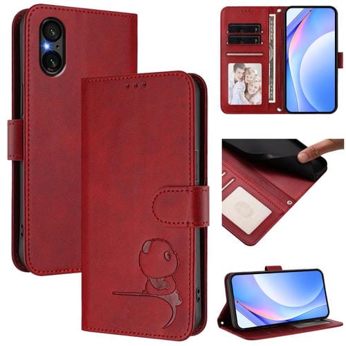 Funda de cuero RFID con estampado de panda y cordón para Sony Xperia 5 V (rojo vino)