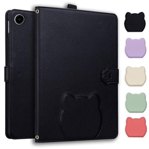 Funda de piel de lichi con tacto de gato para Samsung Galaxy Tab A9 (negra)